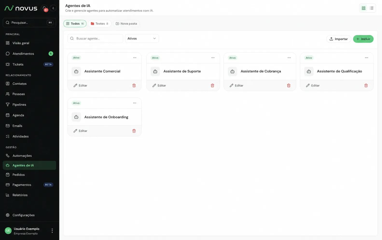 Lista de agentes de IA do Novus CRM
