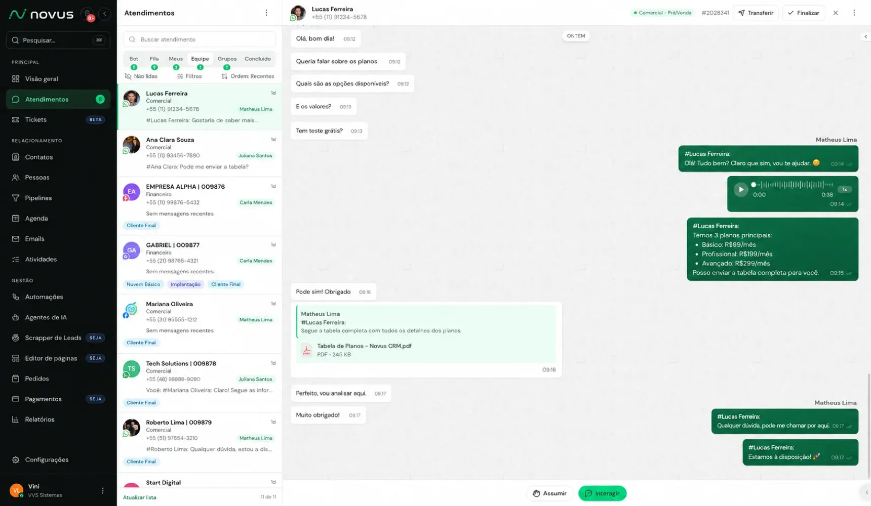 Módulo de atendimentos do Novus CRM