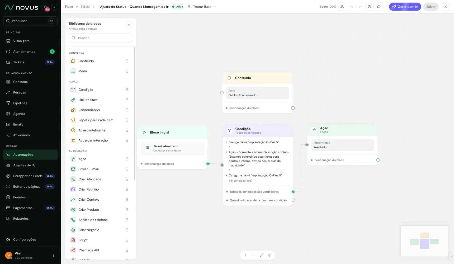 Construtor de automações do Novus CRM