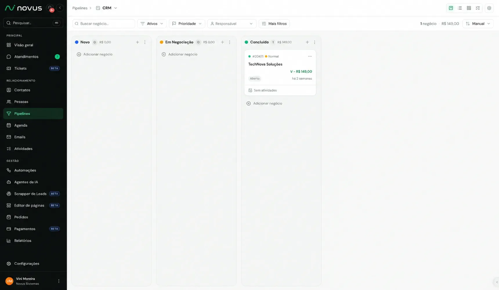 Funil de vendas (kanban) do Novus CRM