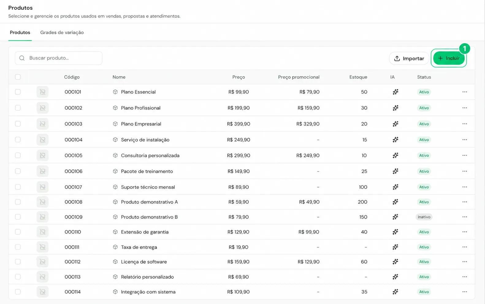 Lista de produtos do Novus CRM